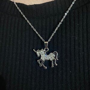 women silver stainless steel unicorn necklace with zircon stone